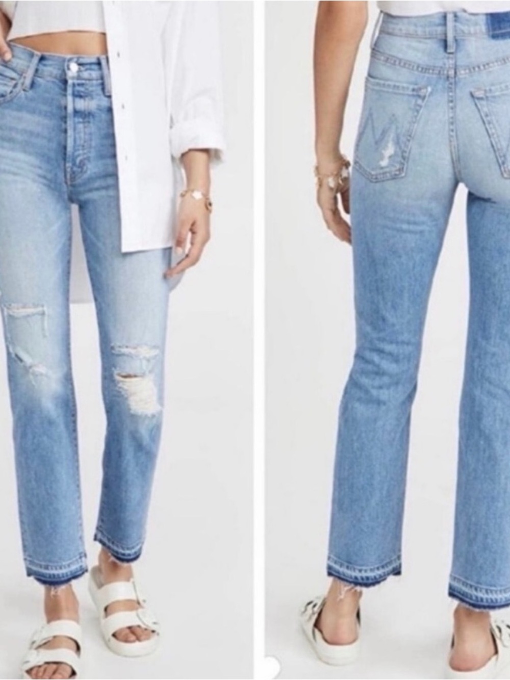 MOTHER Light Blue Distressed High-Rise Straight Jeans